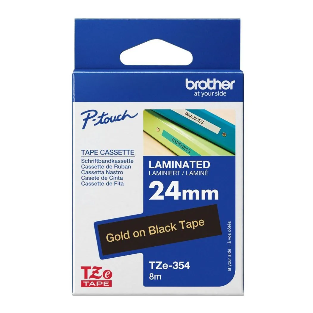 TZe-354_Pack_CO Brother TZE-354 Gold on Black Label Tape – 18mm, TZe Laminated Tape for P-Touch Label Printers - Image 1