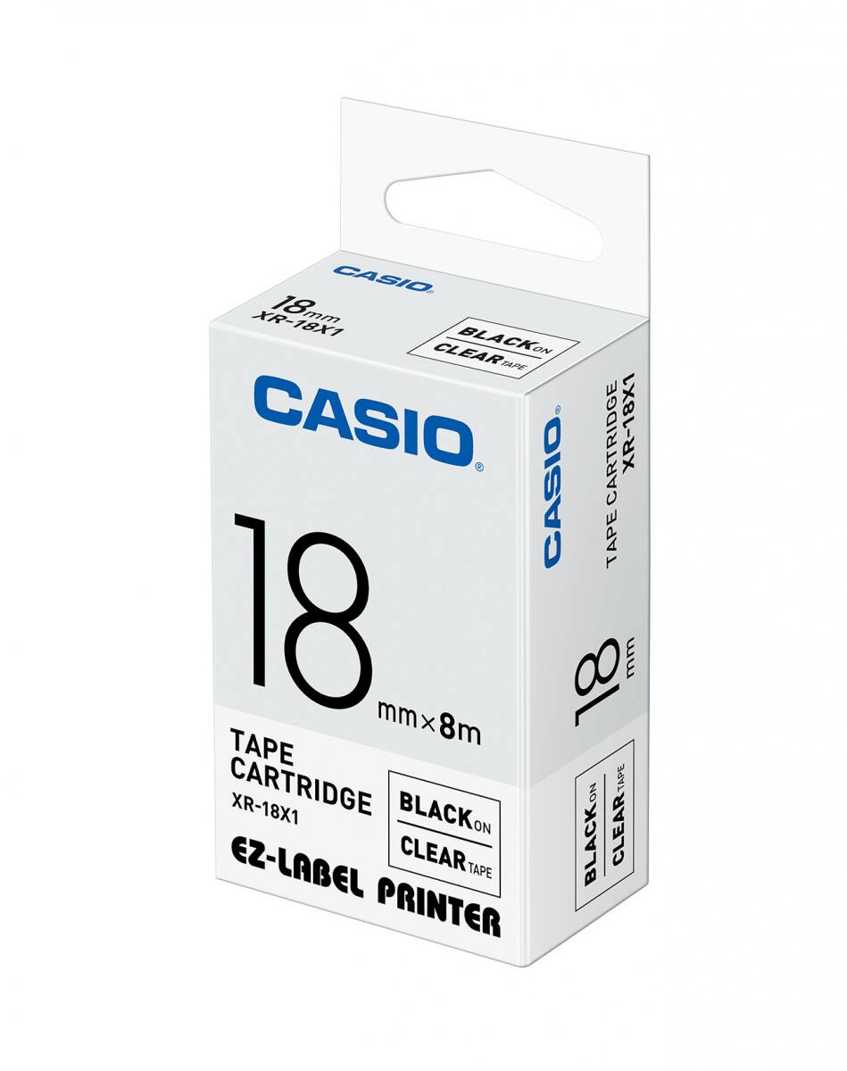 XR-18X1 Casio XR-18X1 Black on Clear 18mm Label Tape - Image 1